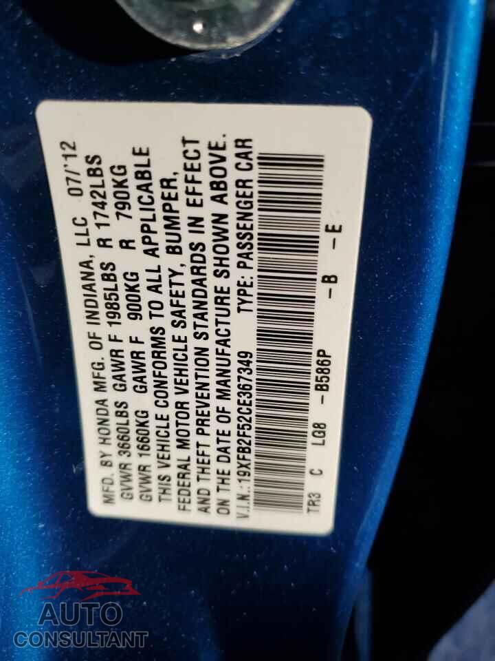 HONDA CIVIC 2012 - 19XFB2F52CE367349