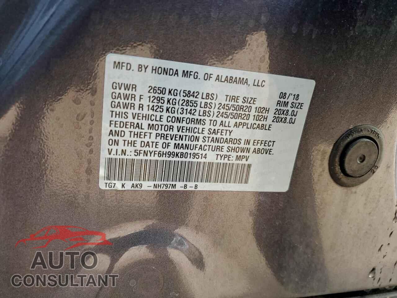 HONDA PILOT 2019 - 5FNYF6H99KB019514