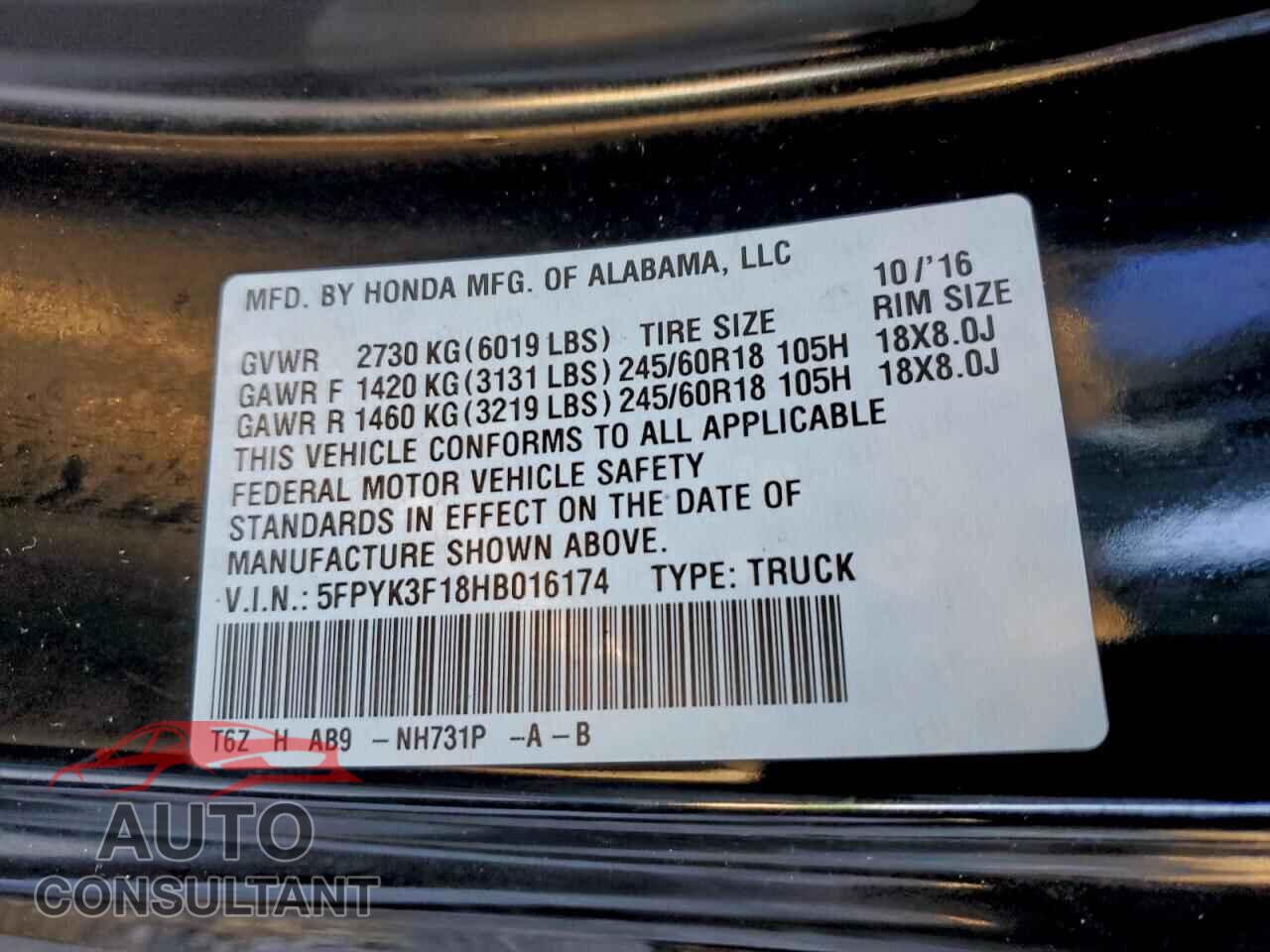 HONDA RIDGELINE 2017 - 5FPYK3F18HB016174