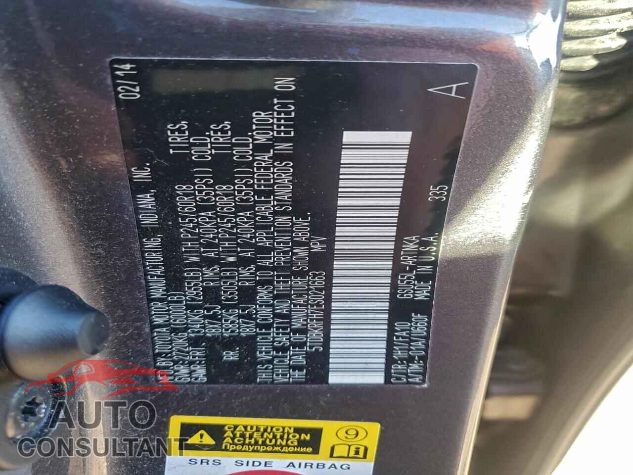 TOYOTA HIGHLANDER 2014 - 5TDBKRFH7ES021663