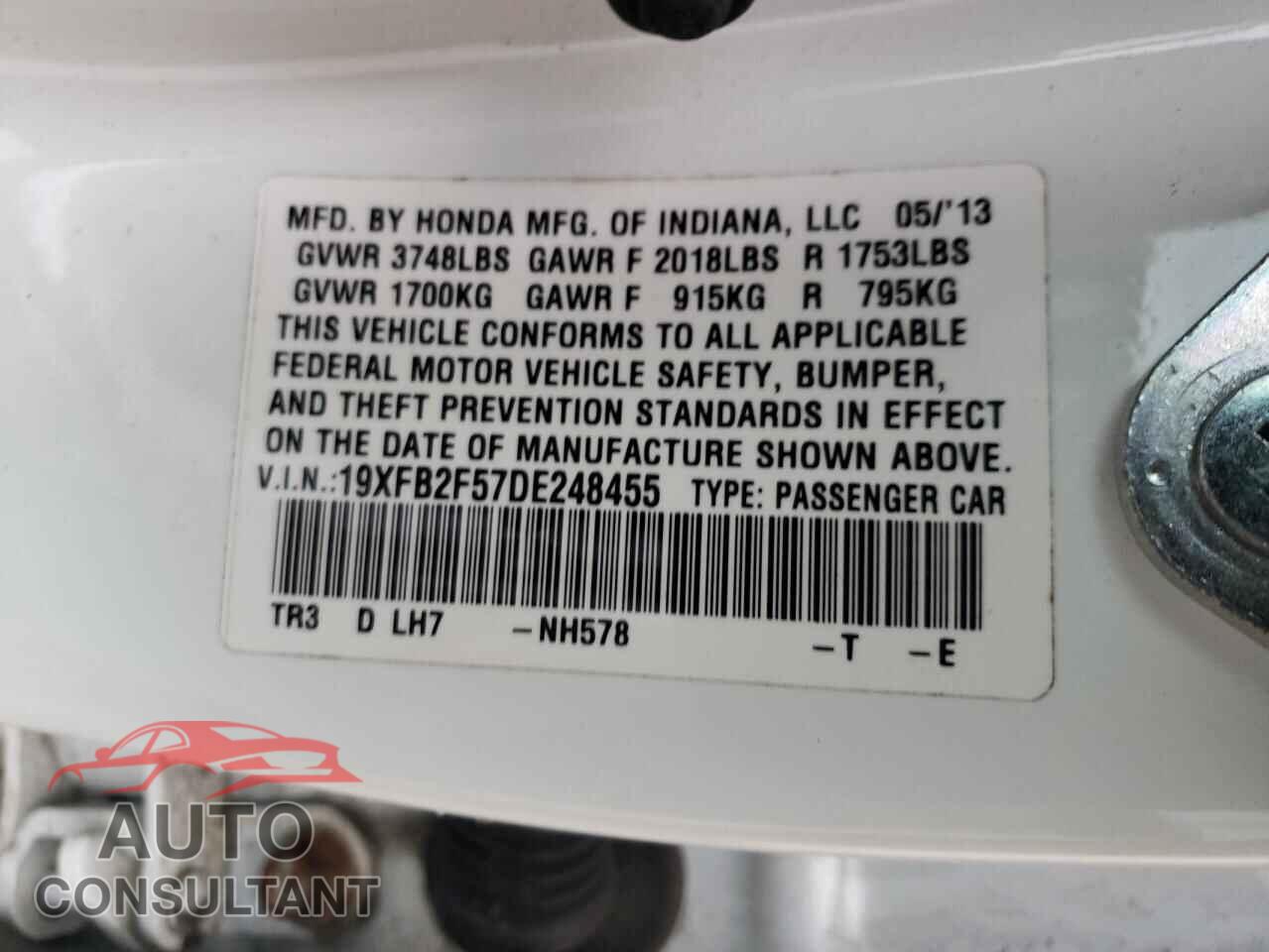 HONDA CIVIC 2013 - 19XFB2F57DE248455