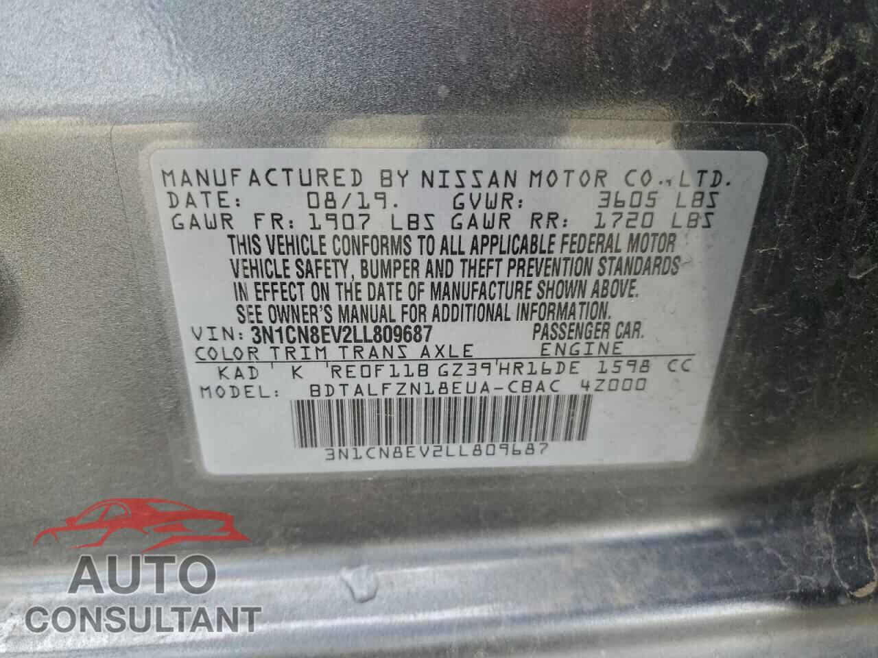NISSAN VERSA 2020 - 3N1CN8EV2LL809687