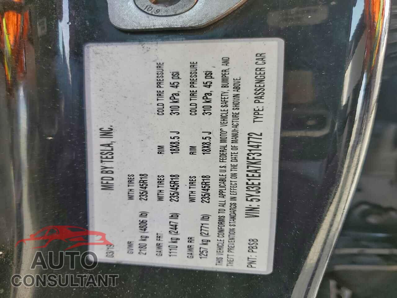 TESLA MODEL 3 2019 - 5YJ3E1EA7KF314772