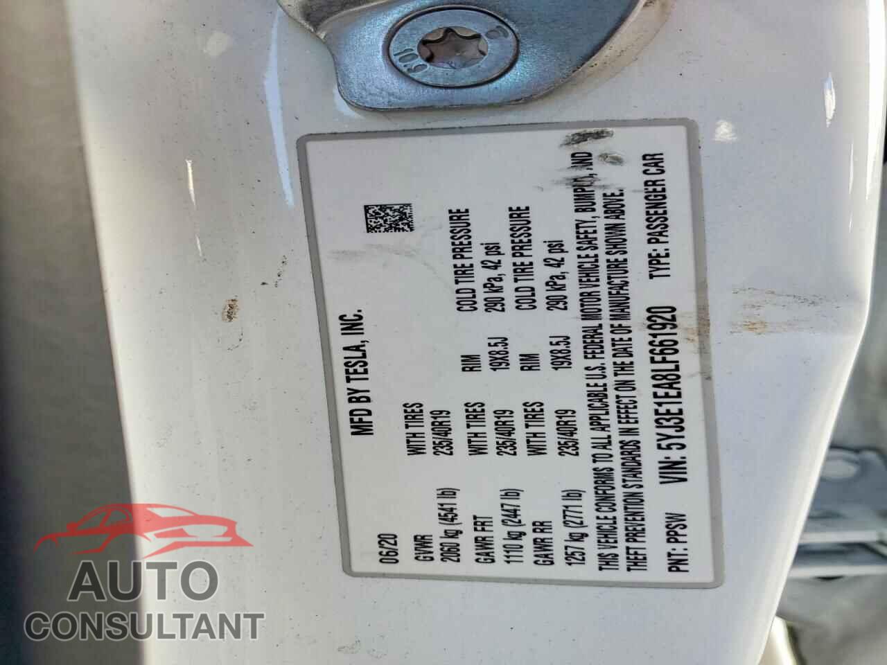 TESLA MODEL 3 2020 - 5YJ3E1EA8LF661920