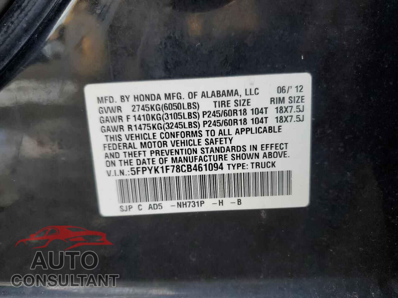 HONDA RIDGELINE 2012 - 5FPYK1F78CB461094