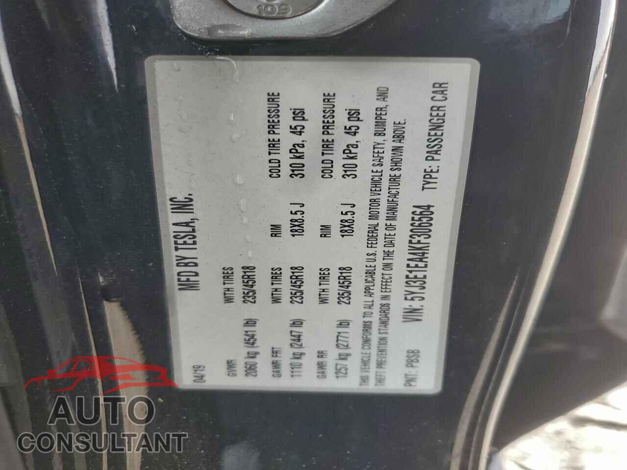 TESLA MODEL 3 2019 - 5YJ3E1EA4KF306564