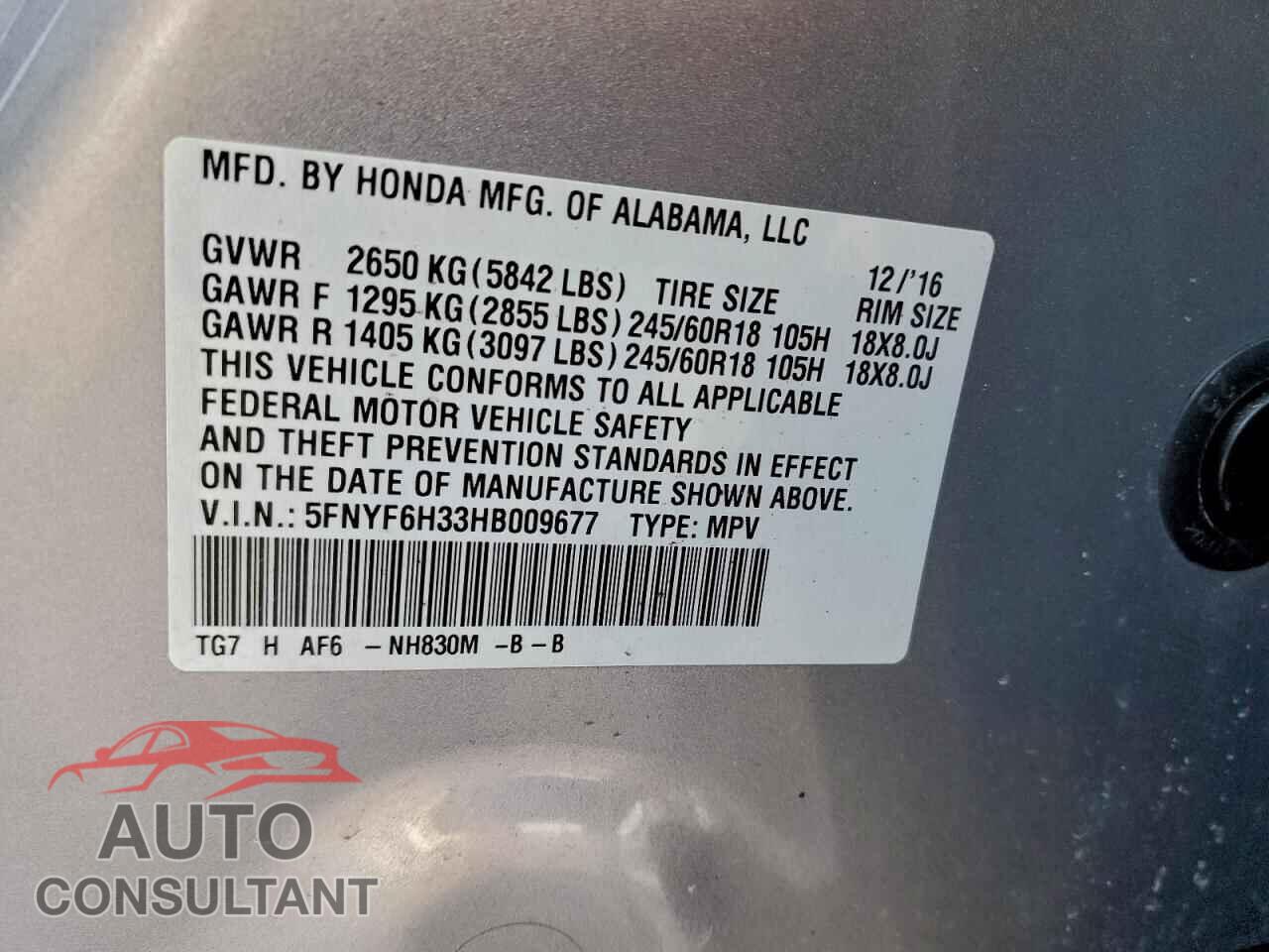 HONDA PILOT 2017 - 5FNYF6H33HB009677