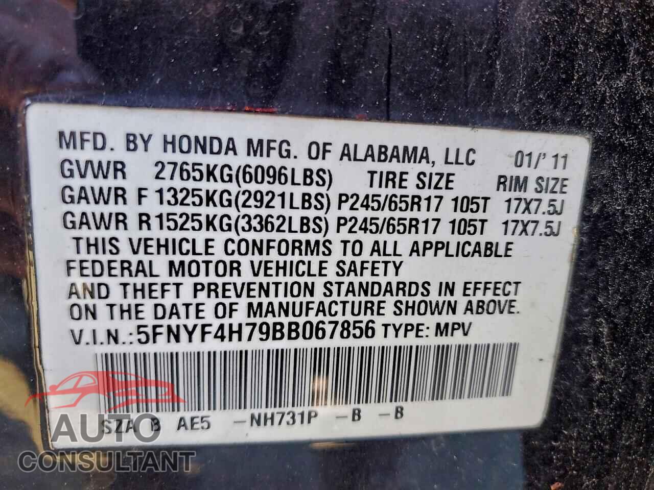 HONDA PILOT 2011 - 5FNYF4H79BB067856