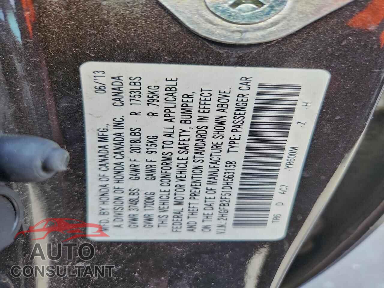 HONDA CIVIC 2013 - 2HGFB2F51DH563158