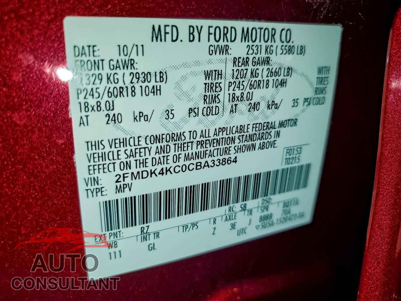 FORD EDGE 2012 - 2FMDK4KC0CBA33864