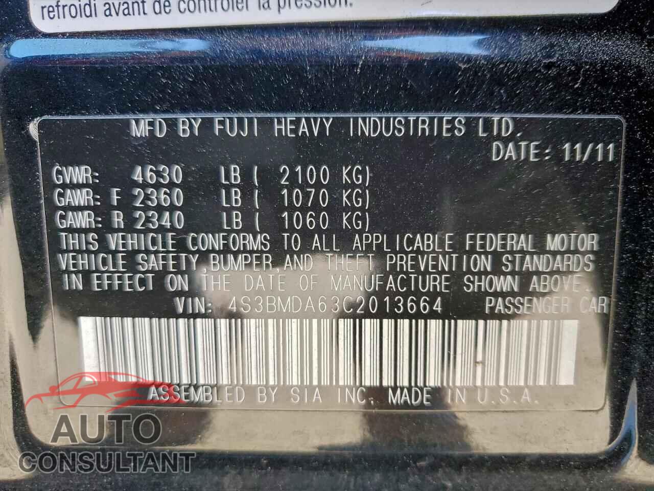 SUBARU LEGACY 2012 - 4S3BMDA63C2013664