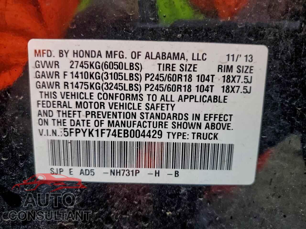 HONDA RIDGELINE 2014 - 5FPYK1F74EB004429