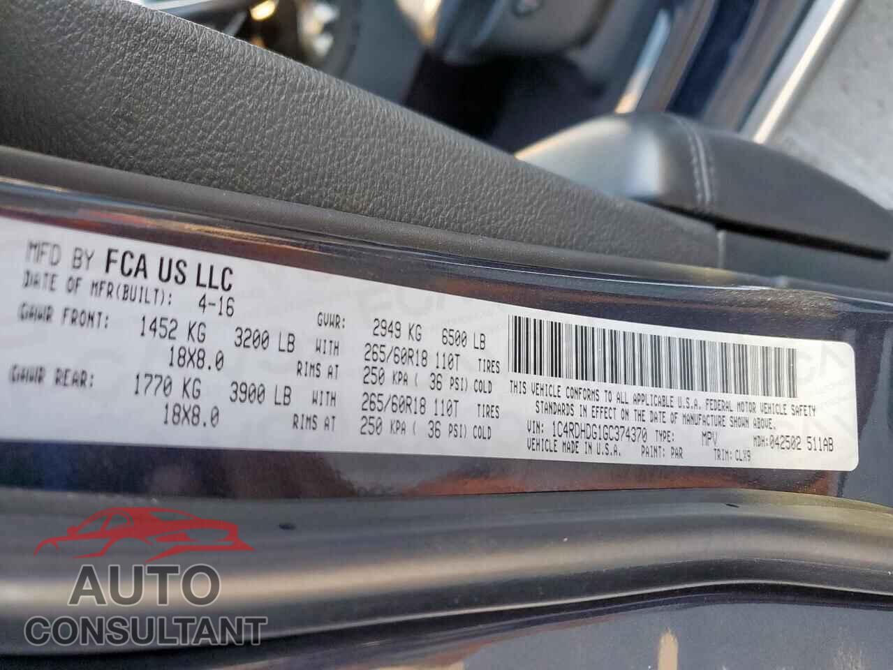 DODGE DURANGO 2016 - 1C4RDHDG1GC374370