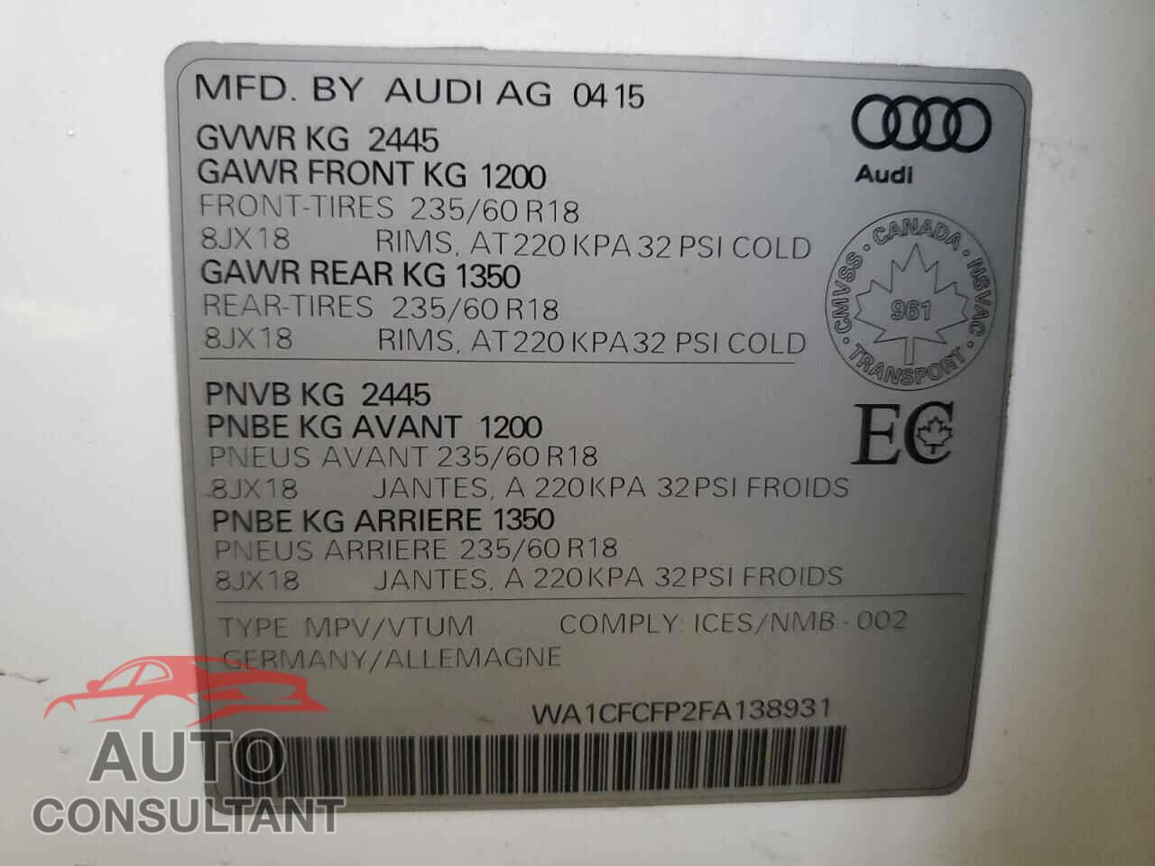 AUDI Q5 2015 - WA1CFCFP2FA138931