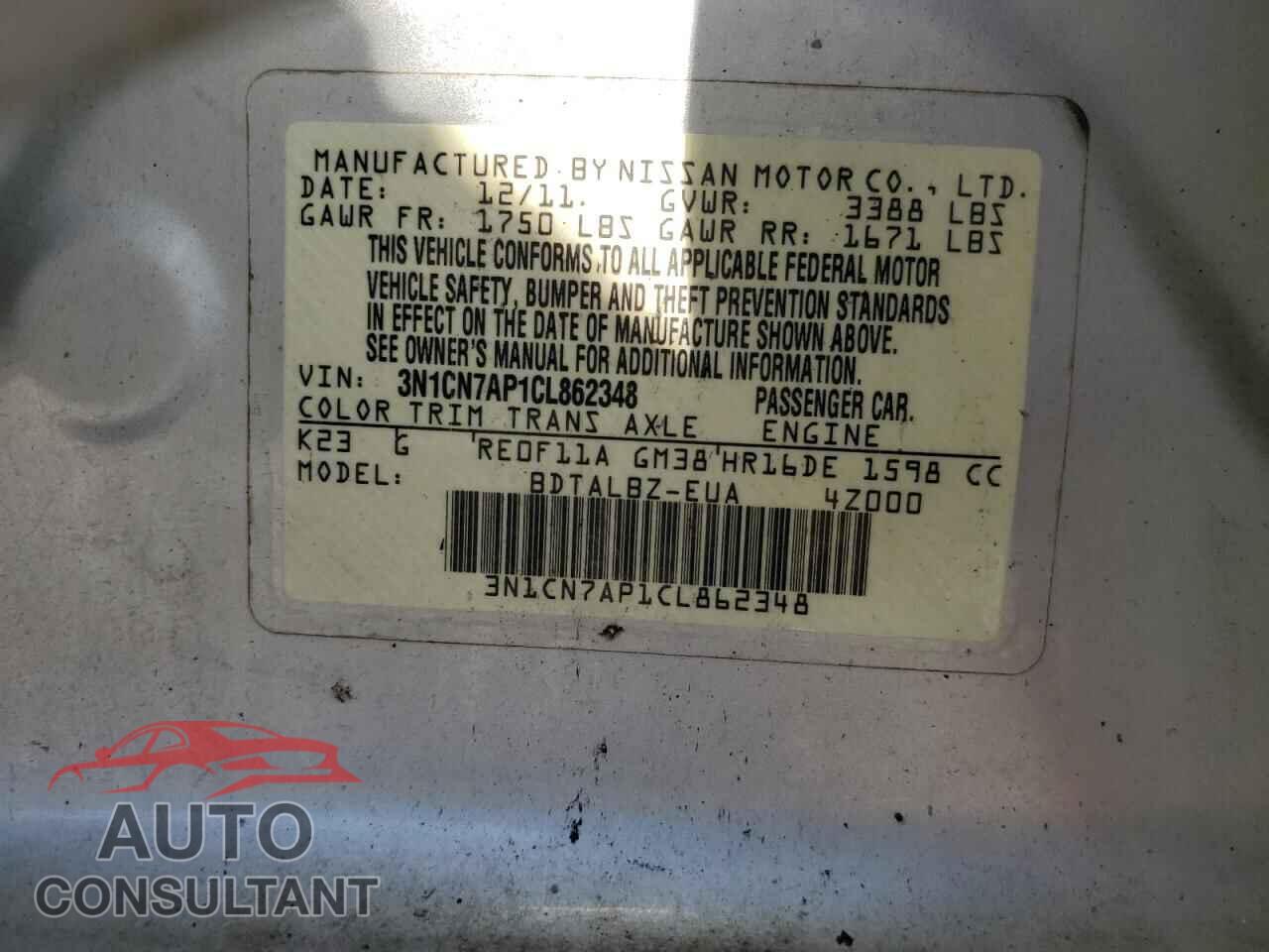 NISSAN VERSA 2012 - 3N1CN7AP1CL862348