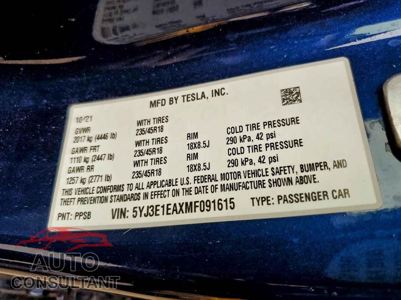 TESLA MODEL 3 2021 - 5YJ3E1EAXMF091615