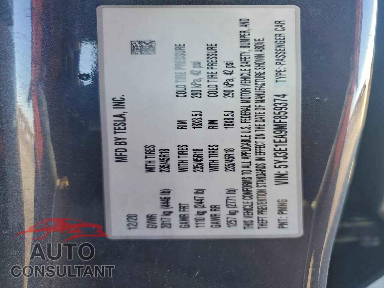 TESLA MODEL 3 2021 - 5YJ3E1EA9MF859374