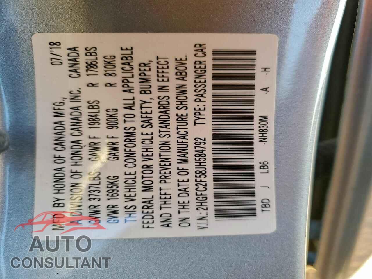 HONDA CIVIC 2018 - 2HGFC2F58JH584792