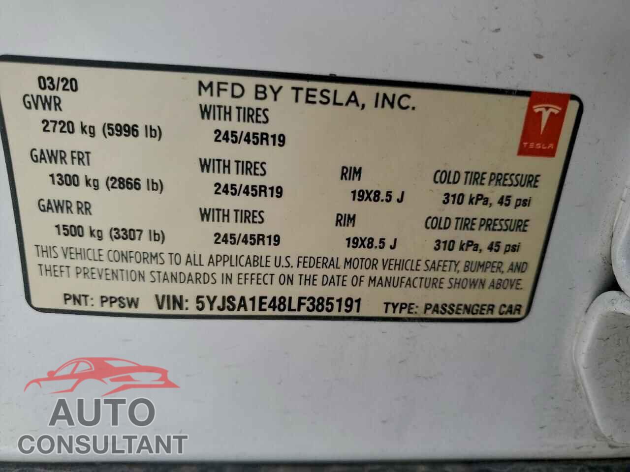 TESLA MODEL S 2020 - 5YJSA1E48LF385191