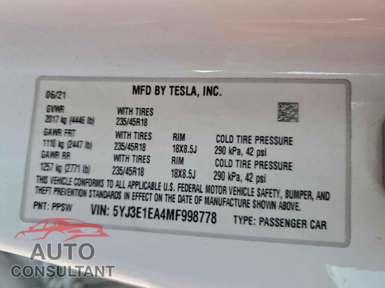 TESLA MODEL 3 2021 - 5YJ3E1EA4MF998778