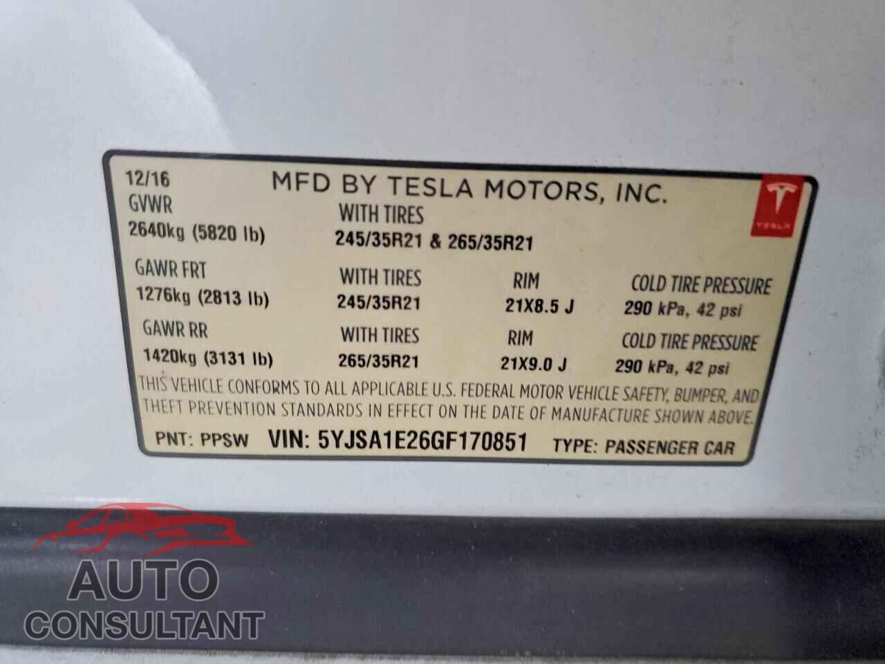 TESLA MODEL S 2016 - 5YJSA1E26GF170851