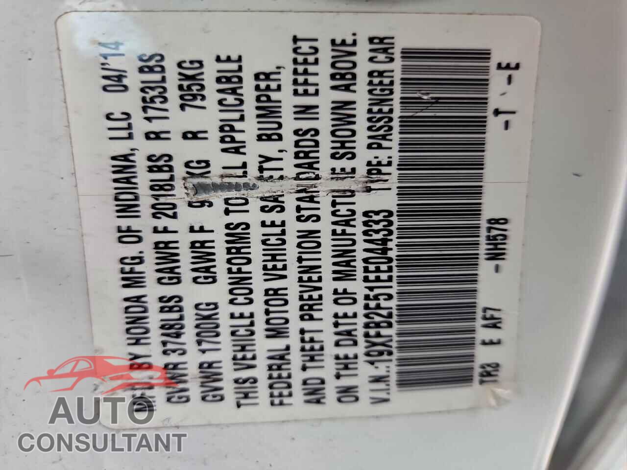 HONDA CIVIC 2014 - 19XFB2F51EE044333