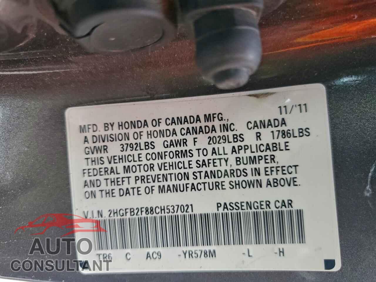 HONDA CIVIC 2012 - 2HGFB2F88CH537021