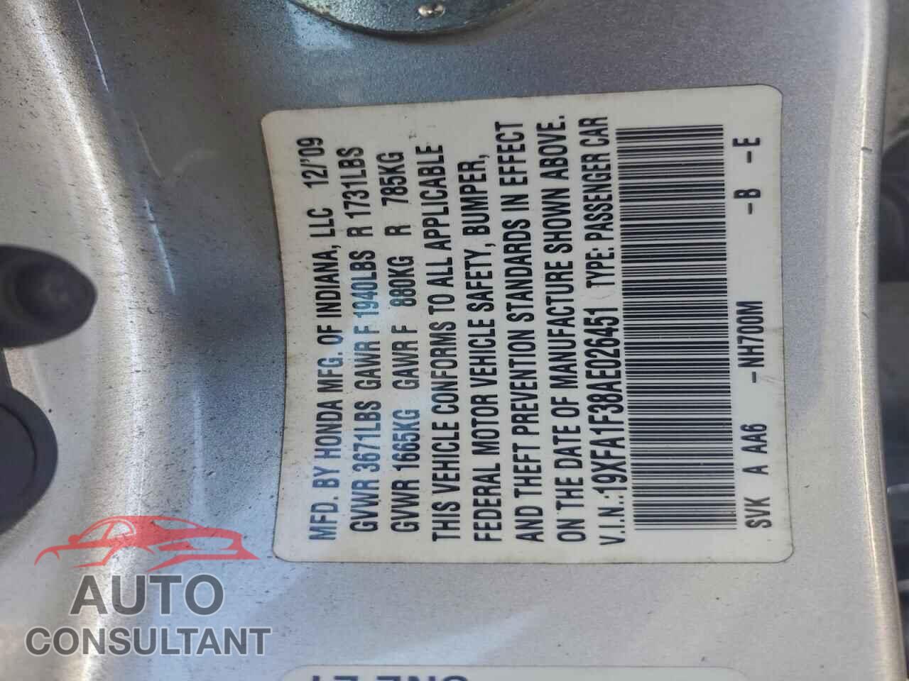 HONDA CIVIC 2010 - 19XFA1F38AE026451