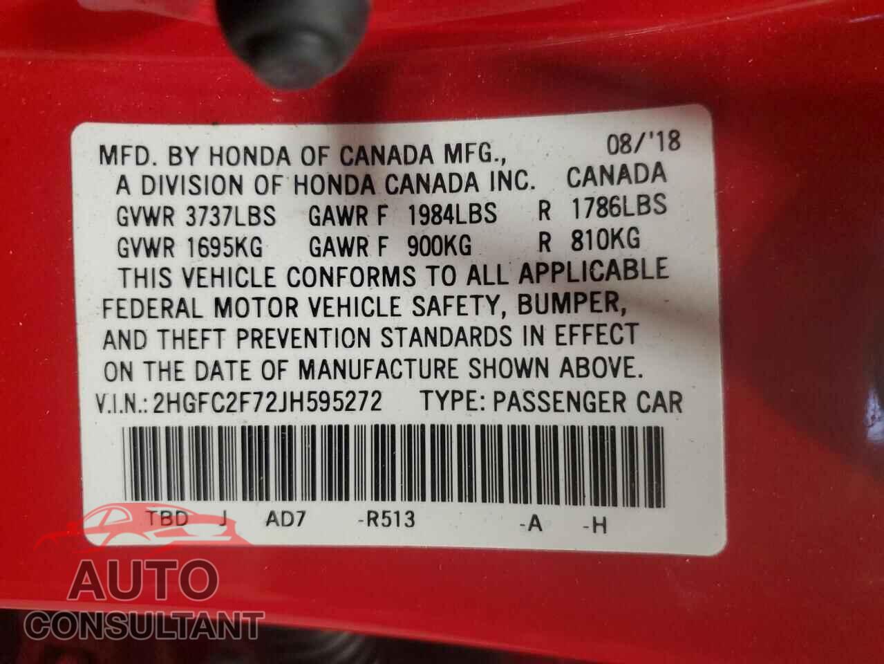 HONDA CIVIC 2018 - 2HGFC2F72JH595272