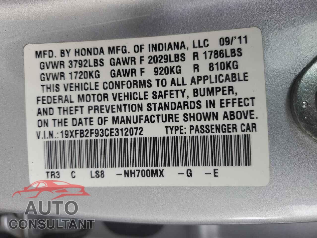 HONDA CIVIC 2012 - 19XFB2F93CE312072