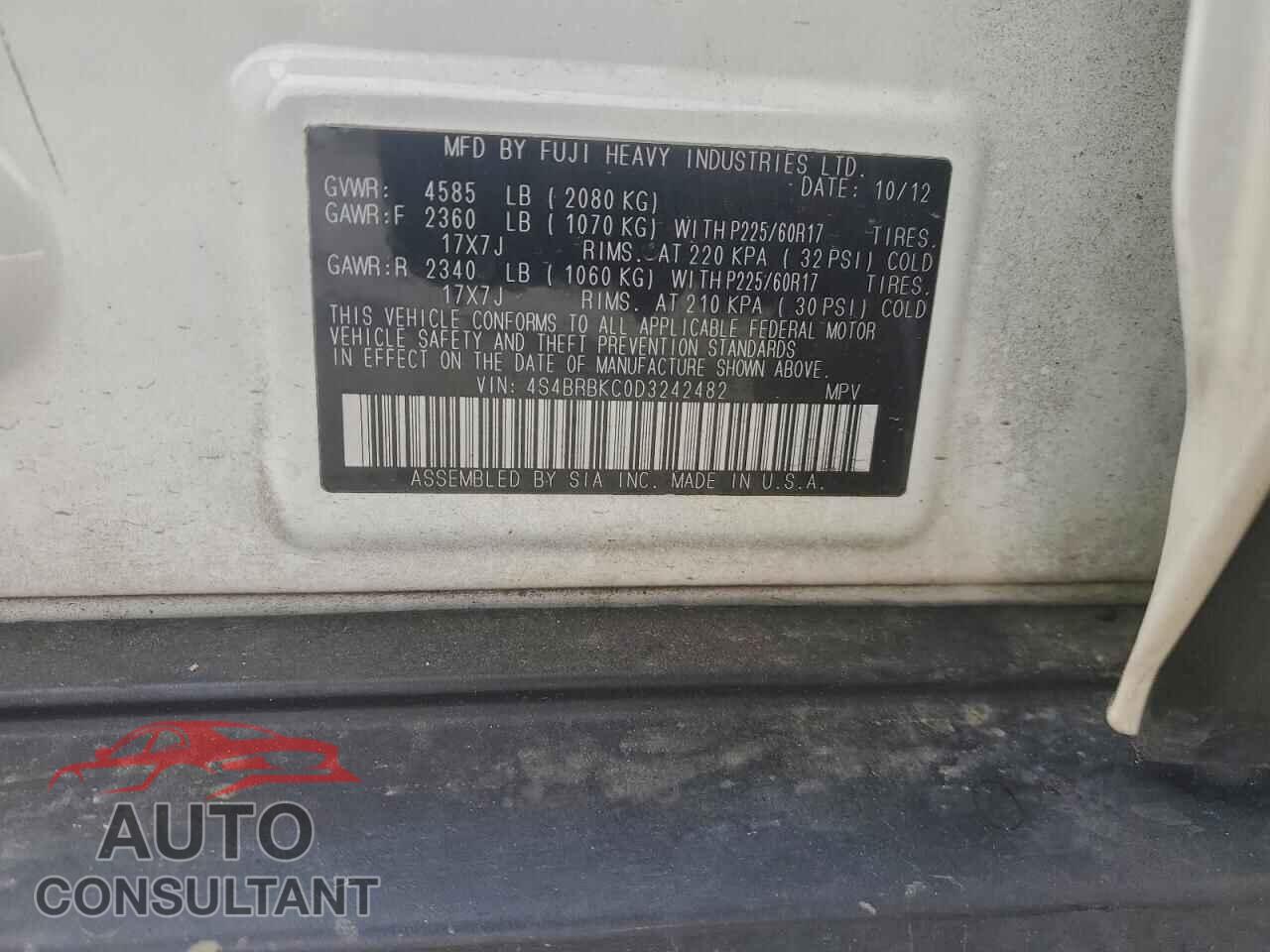 SUBARU OUTBACK 2013 - 4S4BRBKC0D3242482