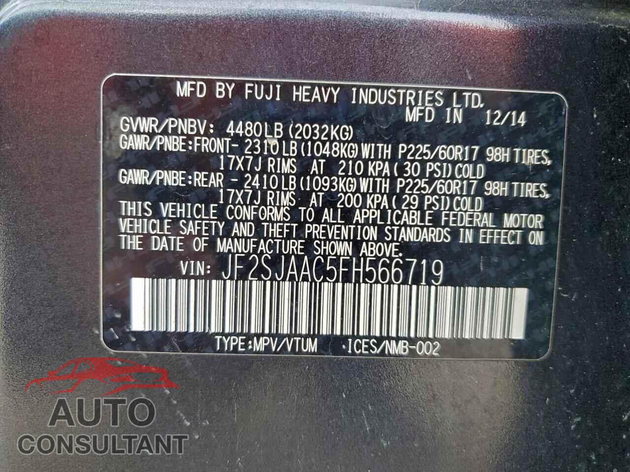 SUBARU FORESTER 2015 - JF2SJAAC5FH566719