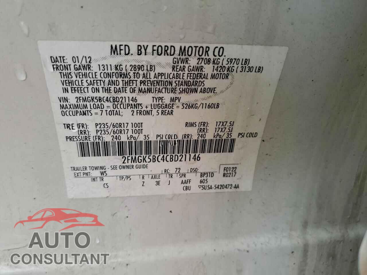 FORD FLEX 2012 - 2FMGK5BC4CBD21146