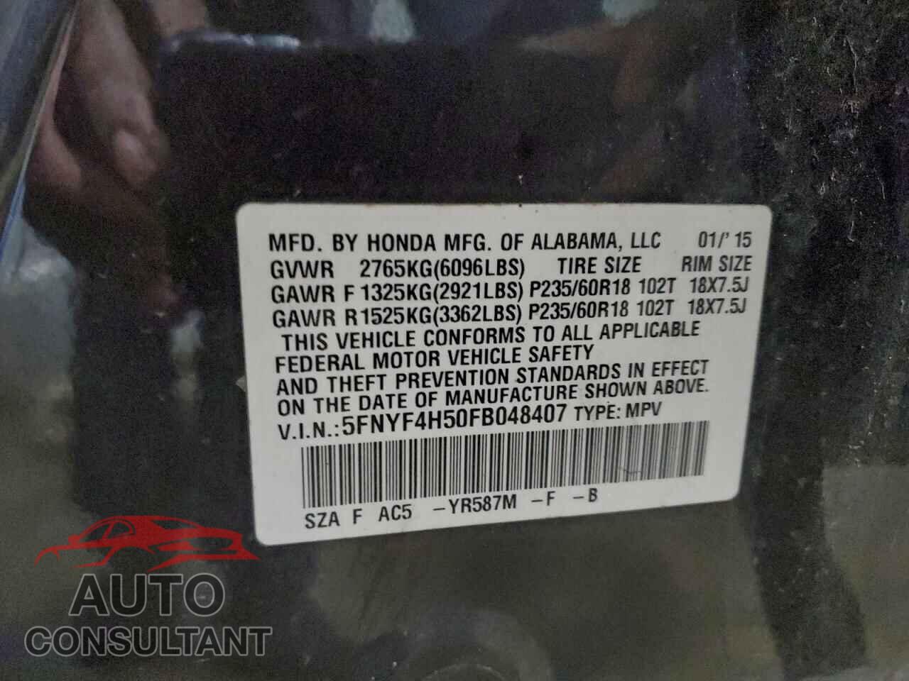 HONDA PILOT 2015 - 5FNYF4H50FB048407