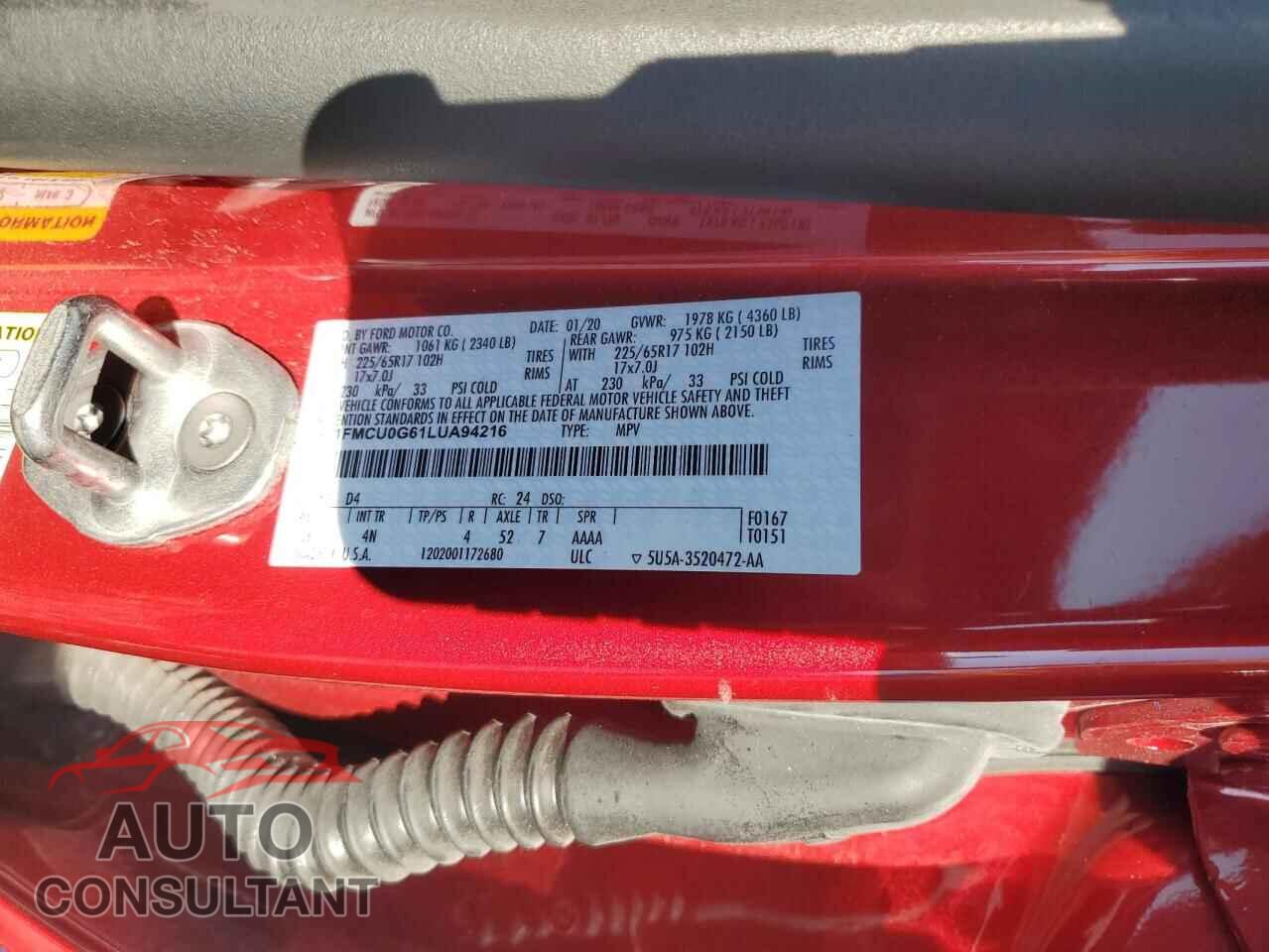 FORD ESCAPE 2020 - 1FMCU0G61LUA94216