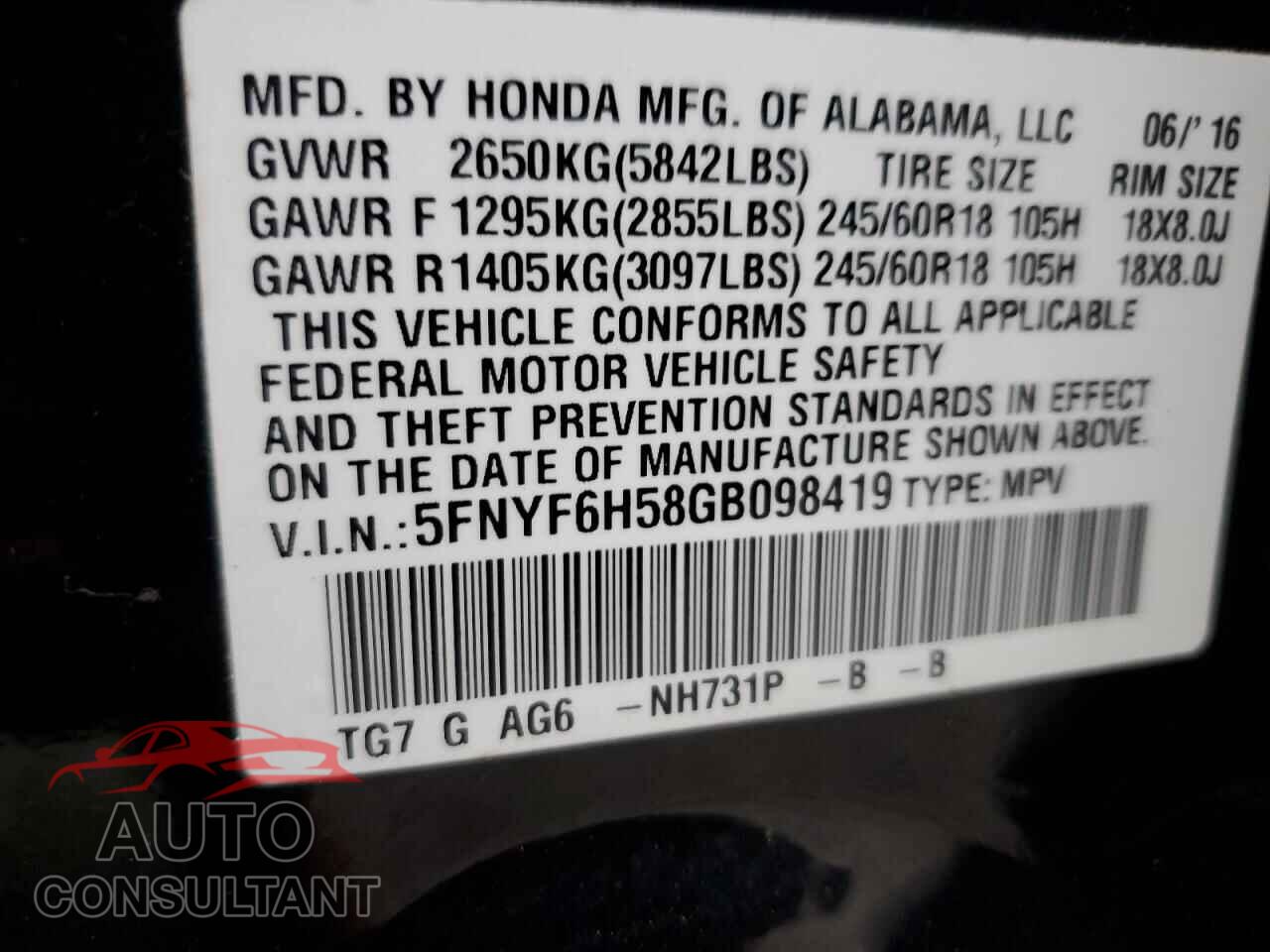 HONDA PILOT 2016 - 5FNYF6H58GB098419
