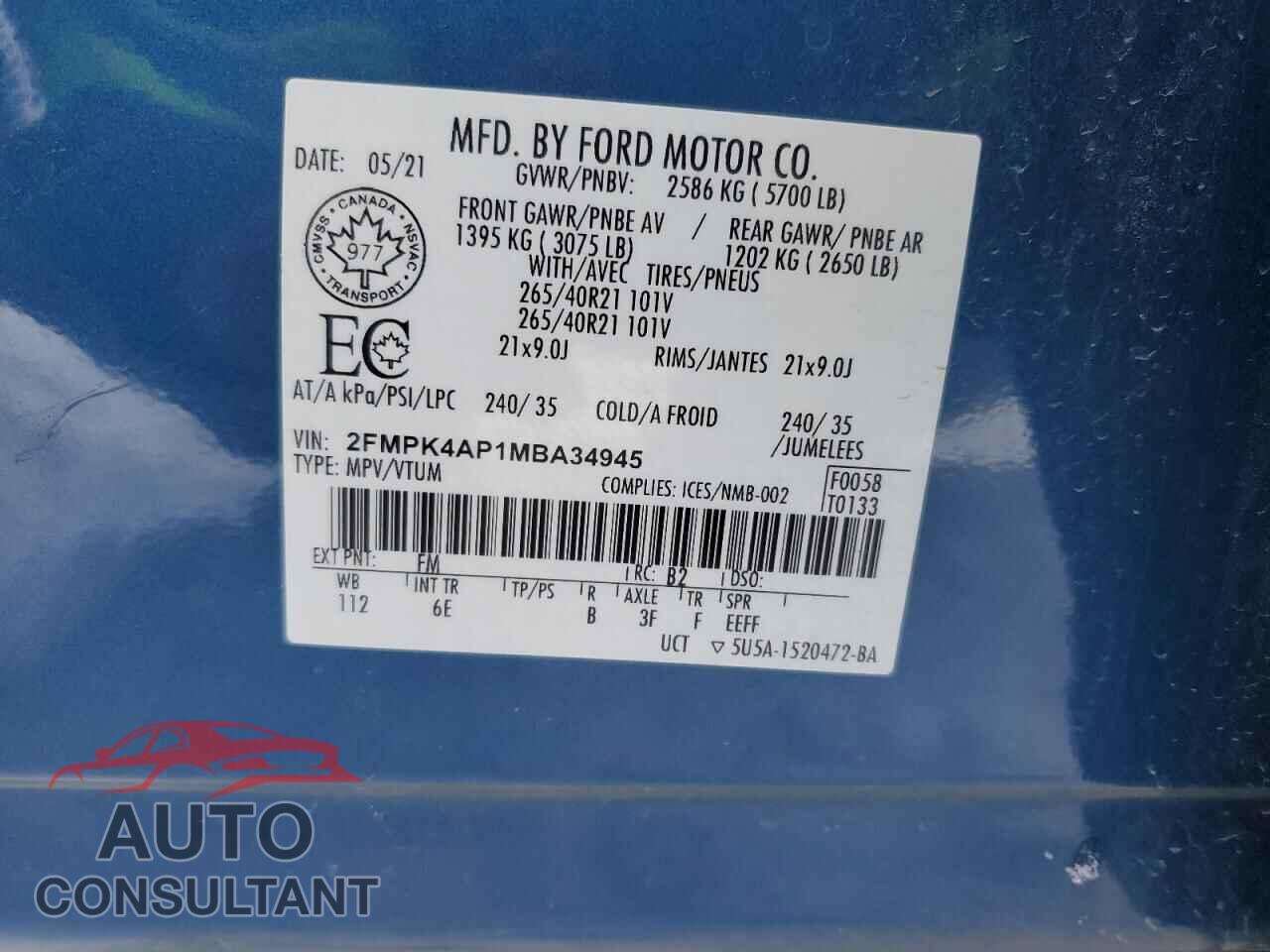 FORD EDGE 2021 - 2FMPK4AP1MBA34945