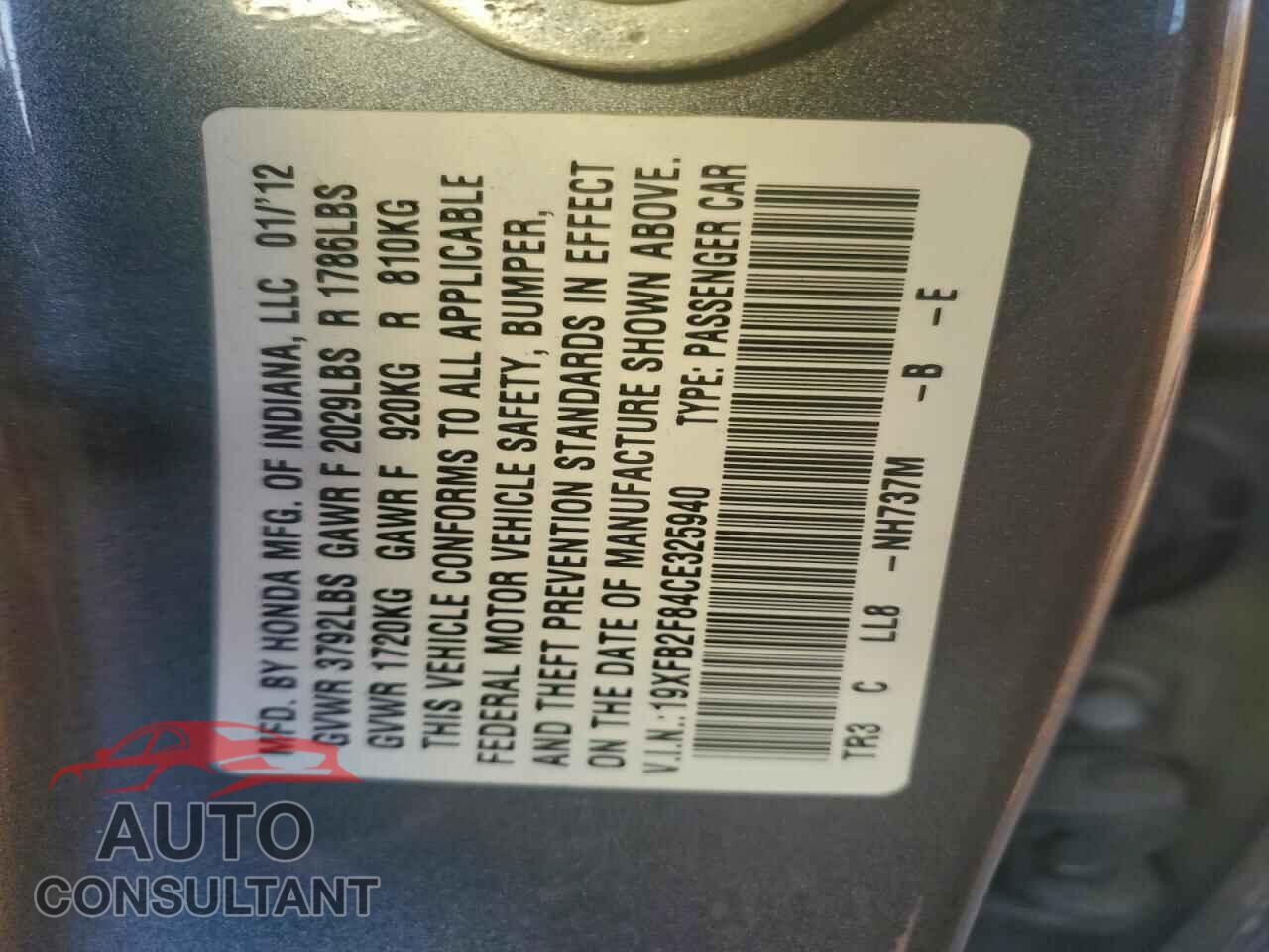HONDA CIVIC 2012 - 19XFB2F84CE325940