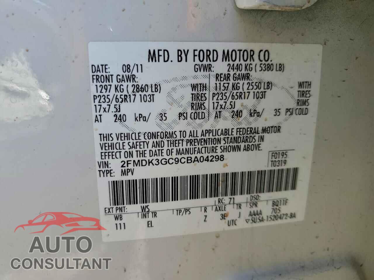 FORD EDGE 2012 - 2FMDK3GC9CBA04298