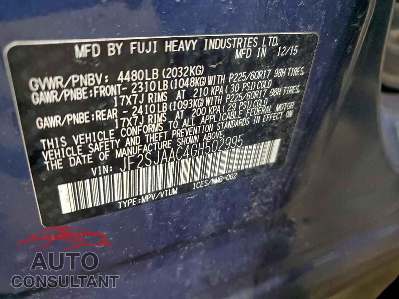 SUBARU FORESTER 2016 - JF2SJAAC4GH502995