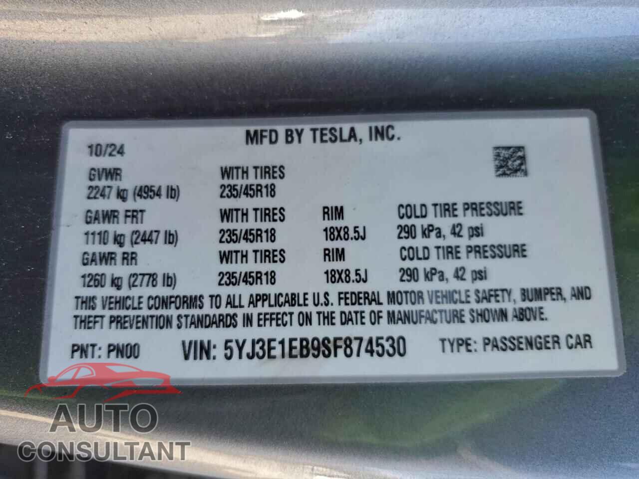 TESLA MODEL 3 2025 - 5YJ3E1EB9SF874530
