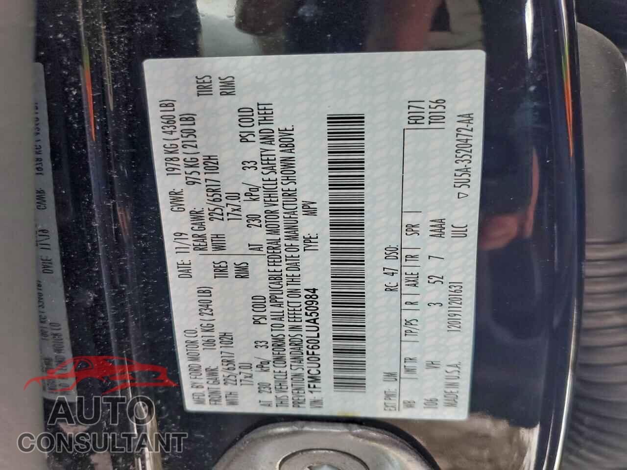 FORD ESCAPE 2020 - 1FMCU0F60LUA50984