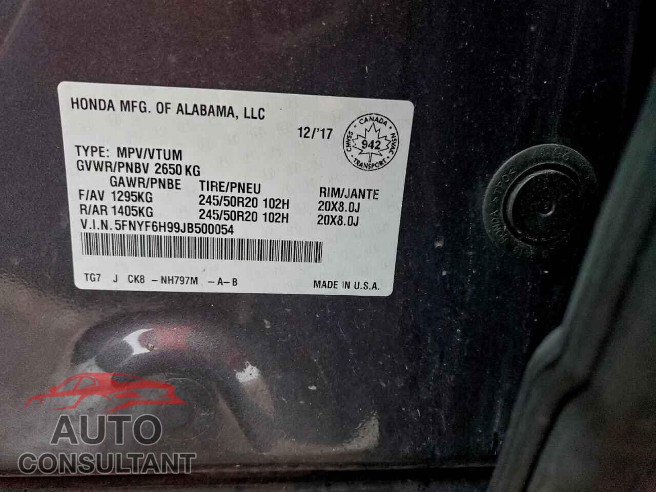 HONDA PILOT 2018 - 5FNYF6H99JB500054