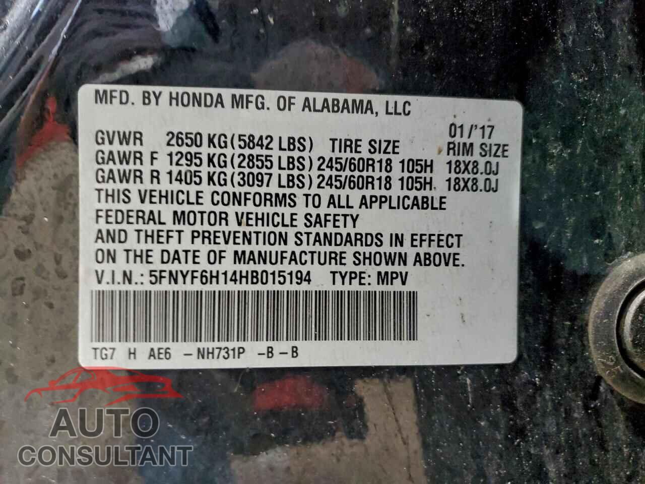 HONDA PILOT 2017 - 5FNYF6H14HB015194