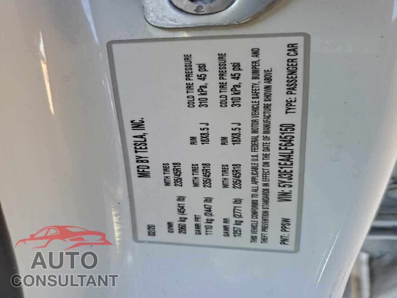 TESLA MODEL 3 2020 - 5YJ3E1EA4LF645150