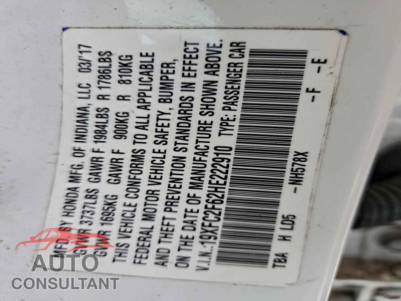 HONDA CIVIC 2017 - 19XFC2F62HE222910