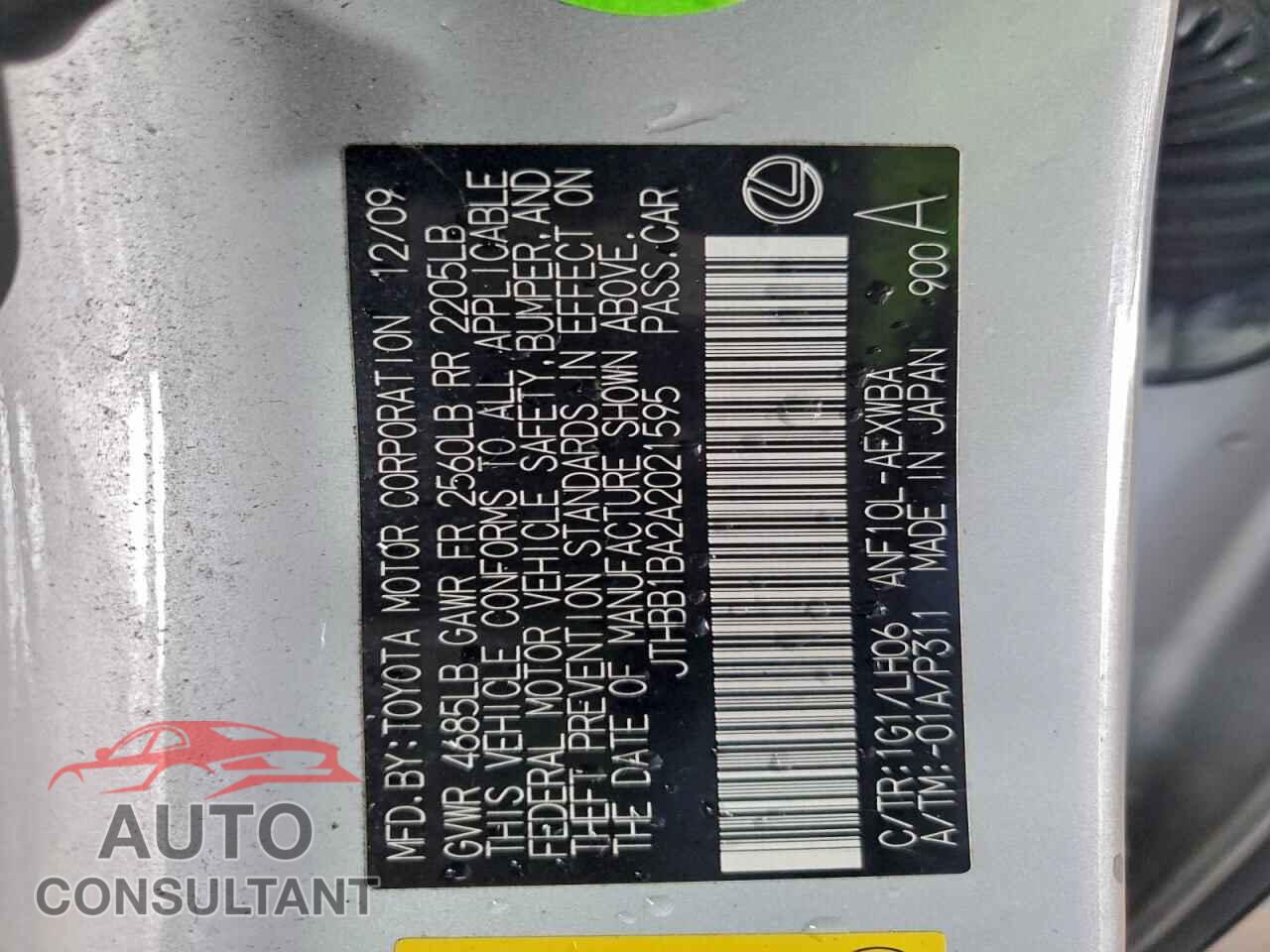 LEXUS HS 2010 - JTHBB1BA2A2021595