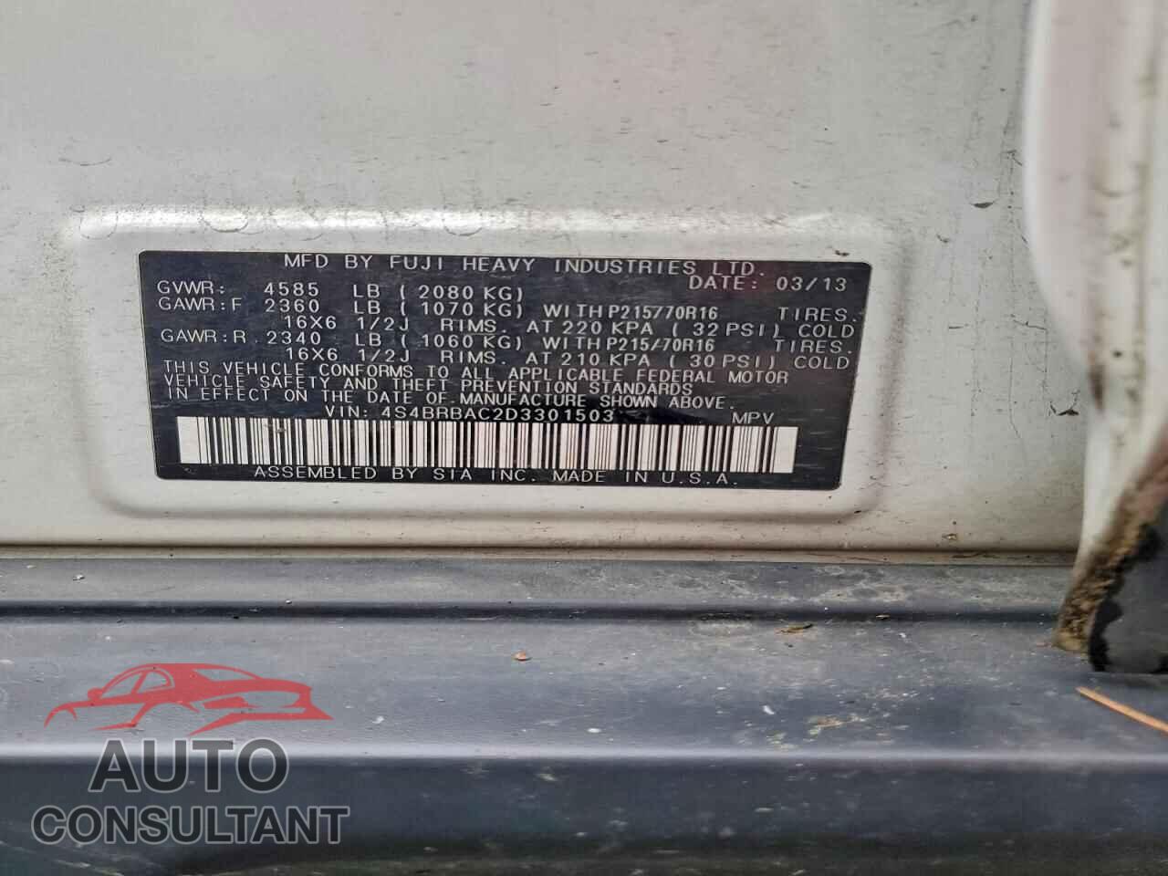 SUBARU OUTBACK 2013 - 4S4BRBAC2D3301503