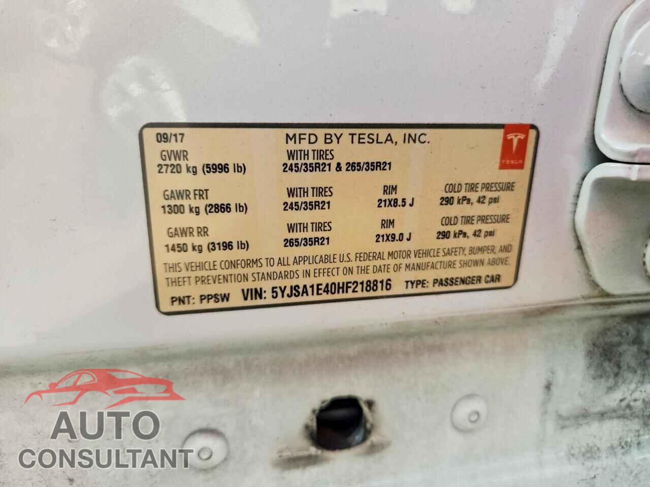 TESLA MODEL S 2017 - 5YJSA1E40HF218816
