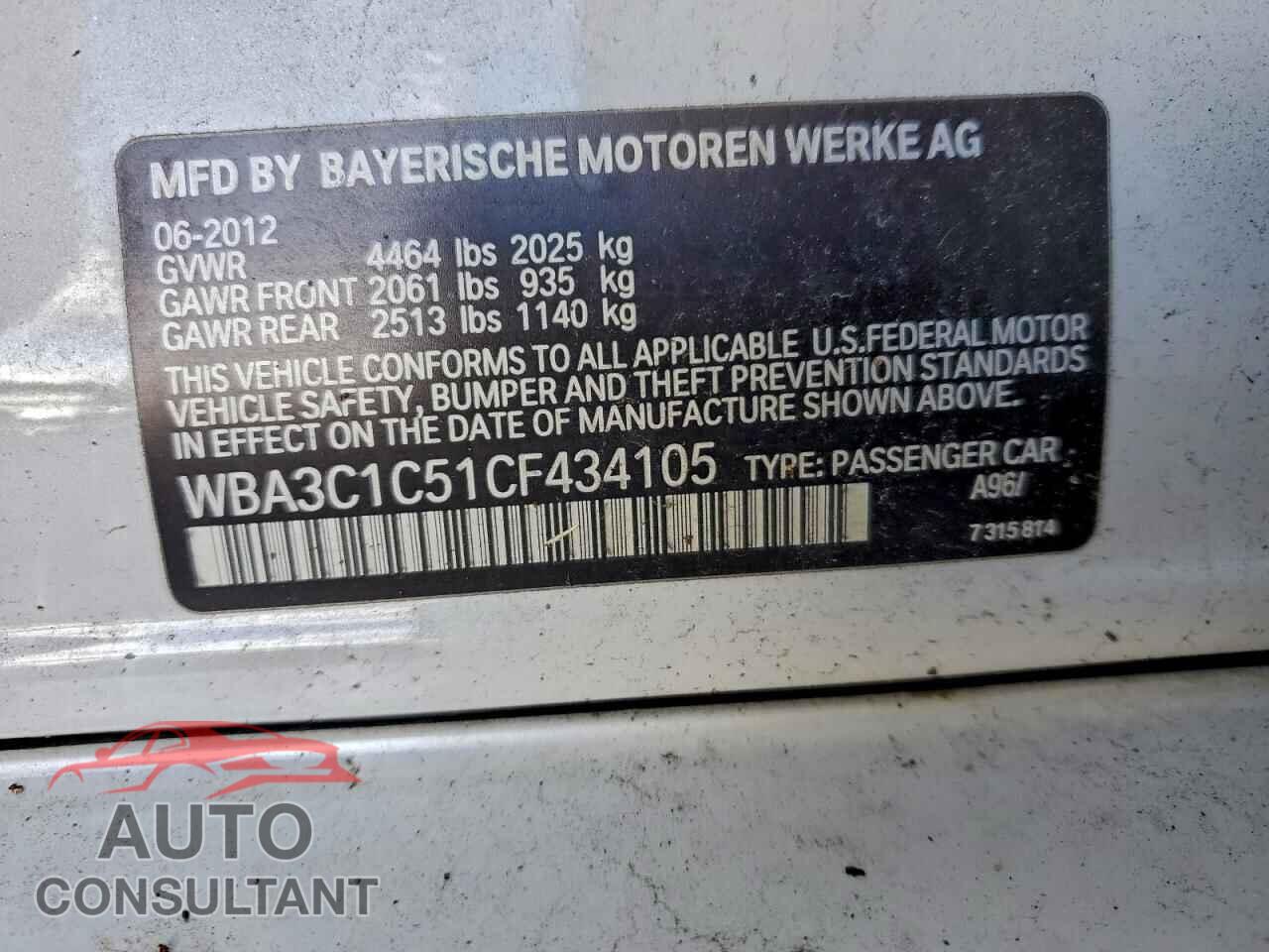 BMW 3 SERIES 2012 - WBA3C1C51CF434105